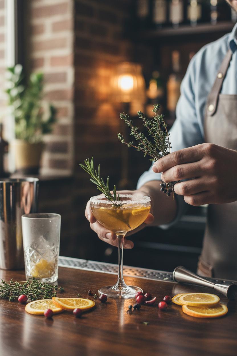Bartender preparing a cocktail with botanical garnishes