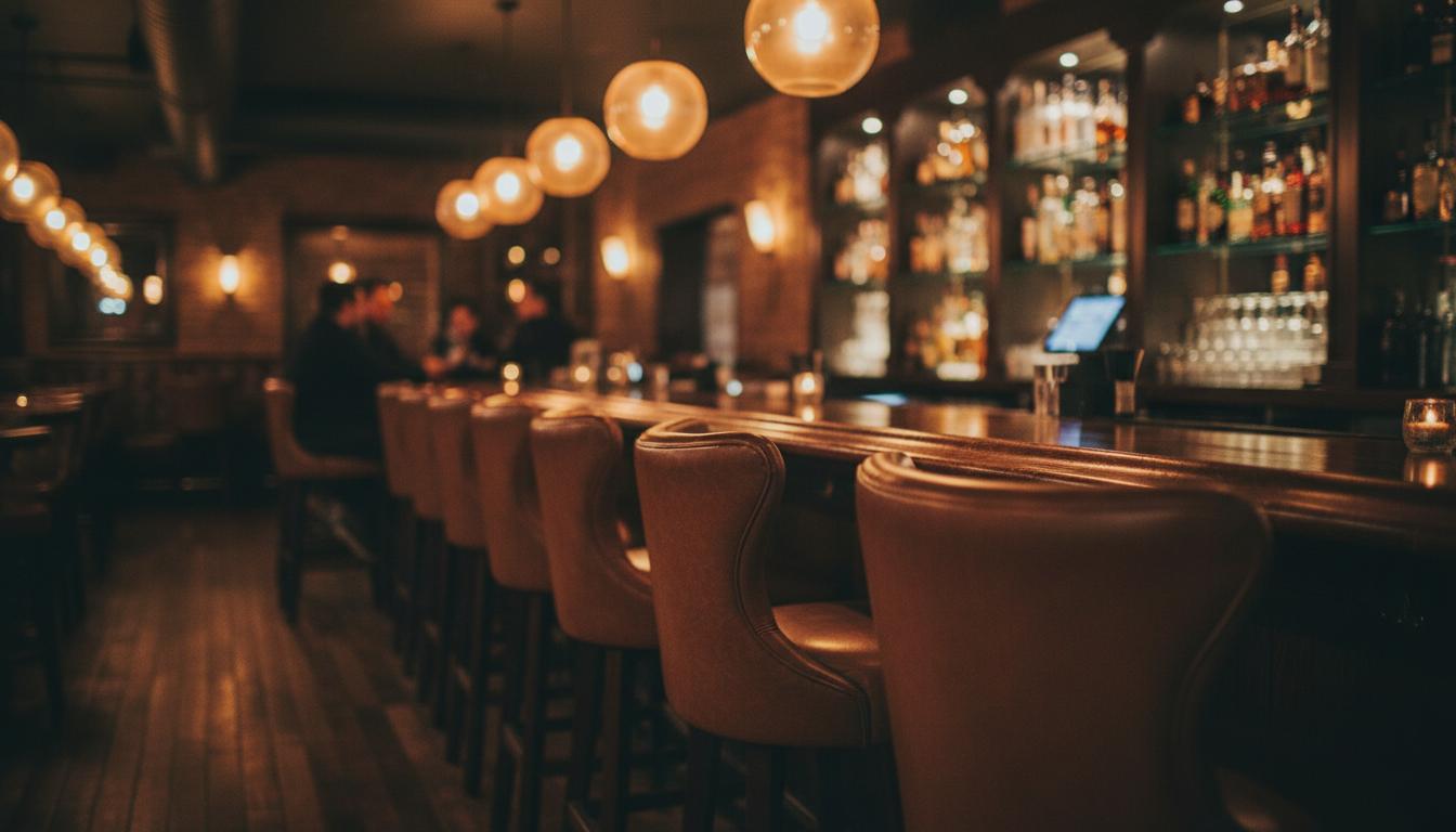 Dimly lit bar interior with warm pendant lighting