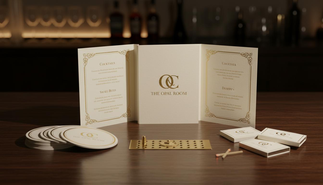 Branded hospitality materials on dark wood surface
