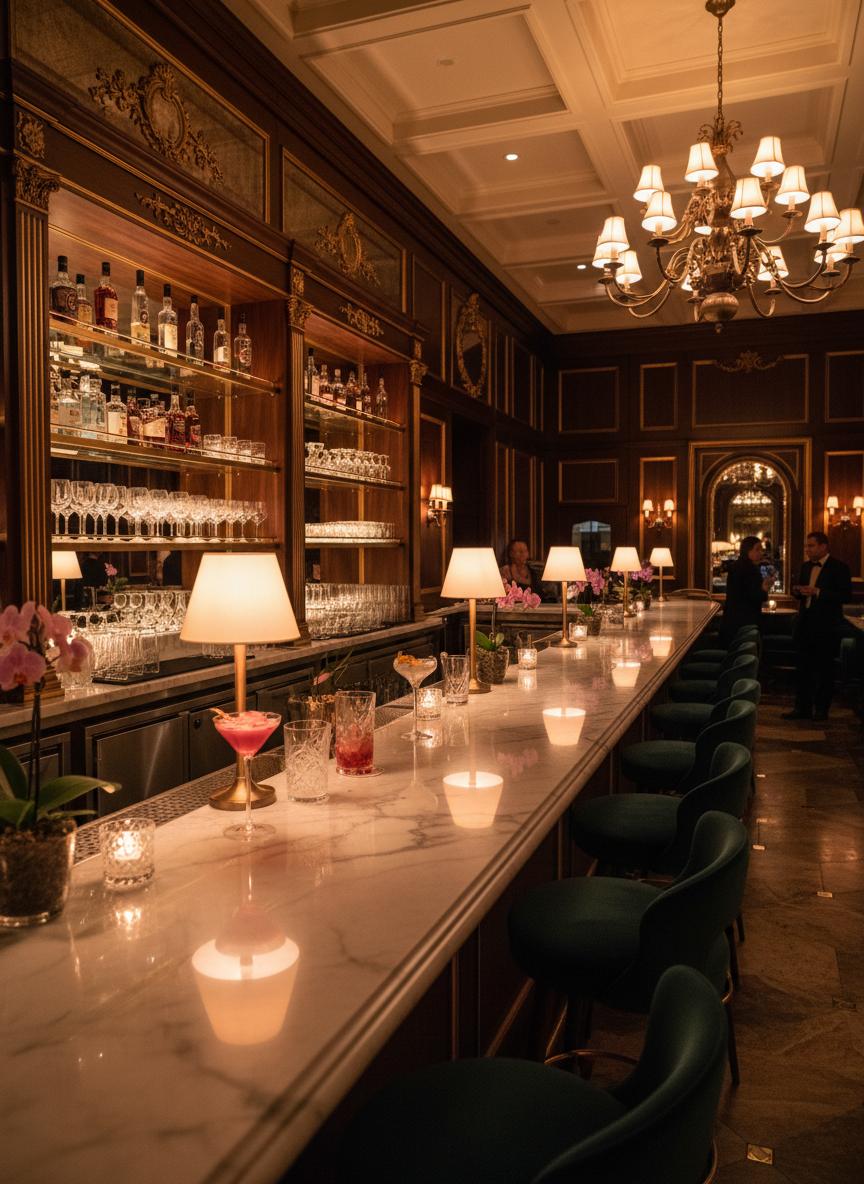 Nightjar cocktail bar interior with marble counter and warm lighting