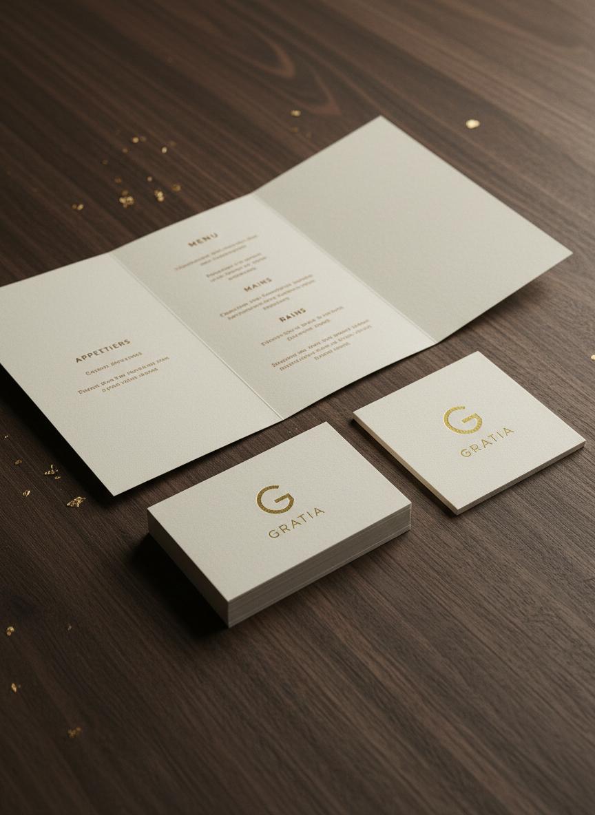 The Sun Tavern branding materials on dark walnut wood