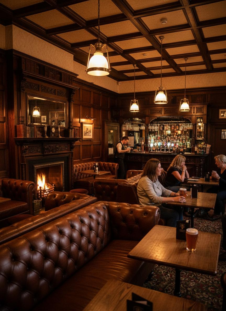 The Mayor of Scaredy Cat Town warm-lit pub interior with leather banquettes
